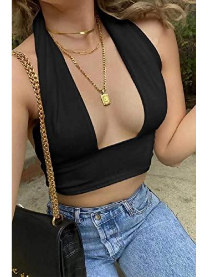 Women's Summer Crop Top Halter Neck Criss Cross Sexy Y2k Tops Backless Cami Tank
