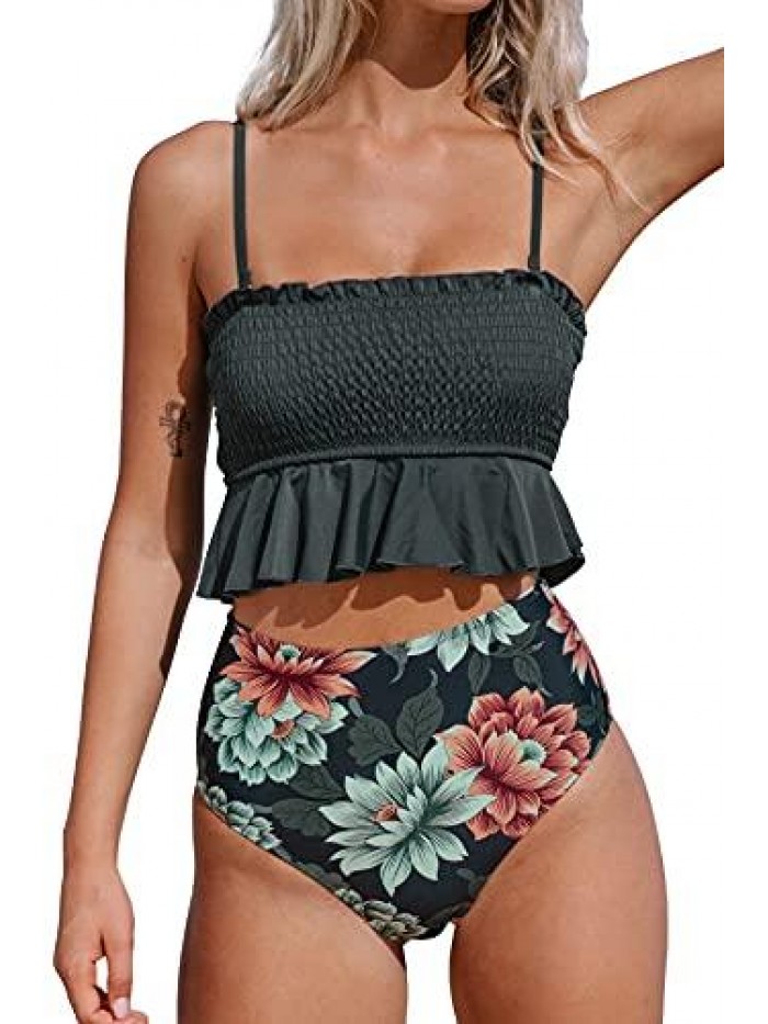 Women's High Waist Bikini Swimsuit Ruffle Two Piece Bathing Suit 