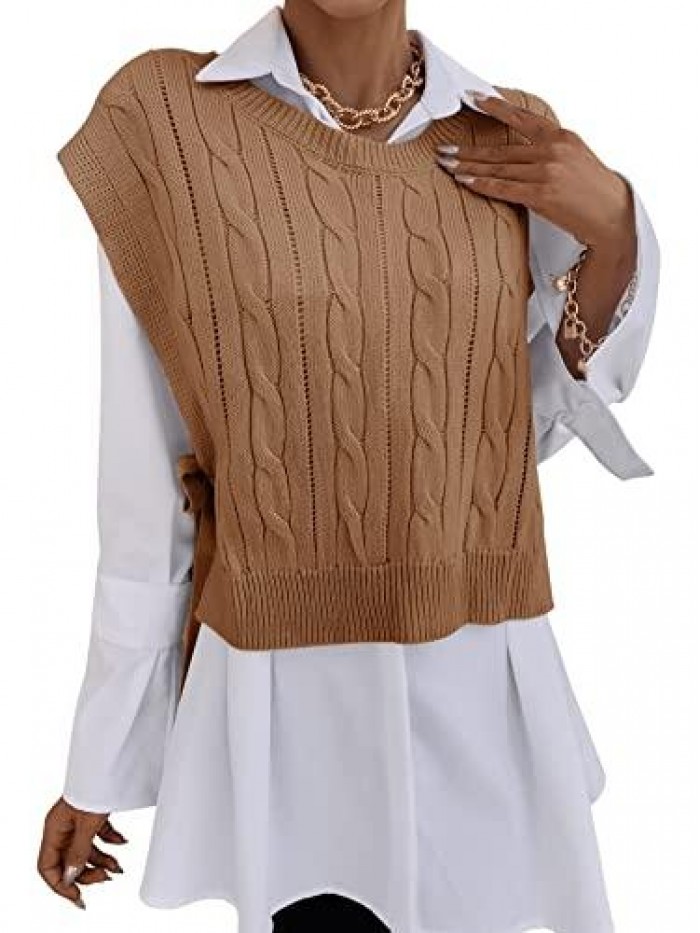Women's Cable Knit Tie Knot Side Split Hem Round Neck Sleeveless Oversized Cropped Sweater Vest Pullovers 
