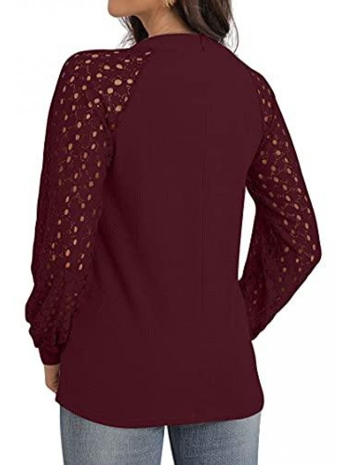 Women's Waffle Knit Blouse Ballon Long Sleeve Lace Tops Casual Loose T Shirts 