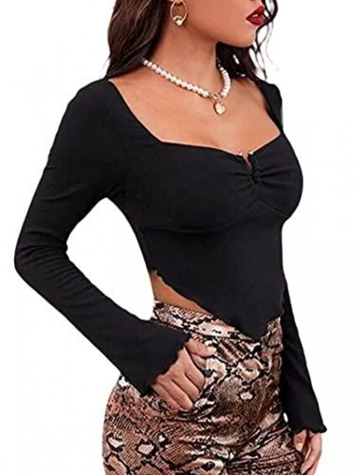 Women's Long Sleeve Knit Ribbed Crop Top Ruched Front Square Neck Asymmetrical Hem Tees Shirt 