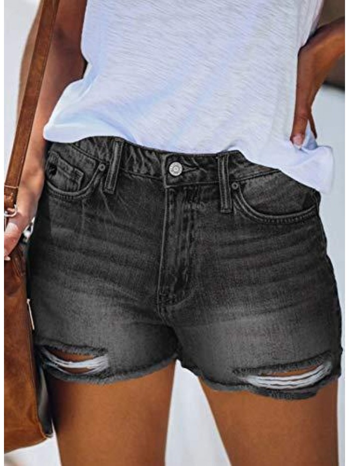Women’s Casual Jean Shorts High Waisted Rolled Hem Patchwork Ripped Denim Shorts with Pockets 