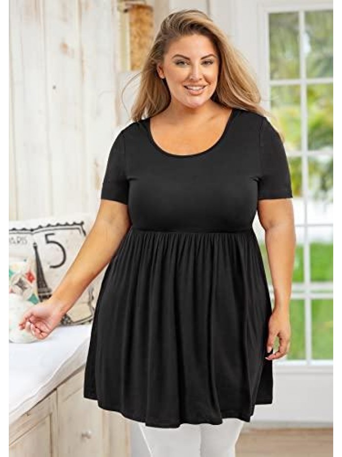 Women's Plus Size Tunic Short Sleeve Clothes Scoop Neck Summer Top Pleated Flowy Loose Fit Babydoll T Shirt L-5X 