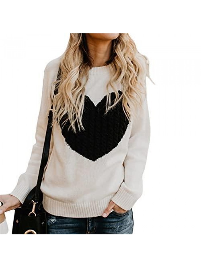 Day Women Long Sleeve Crewneck Sweaters Heart Print Casual Knitted Pullover Kniitwear Sweatshirt 
