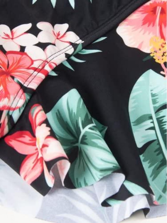 Women V Neck Ruffle One Piece Swimsuit Tropical Floral Print Bathing Suit with Removed Waist Tie 