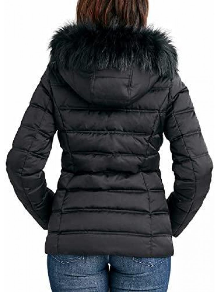 Womens Faux Fur Trim Hooded Midweight Puffer Jacket 