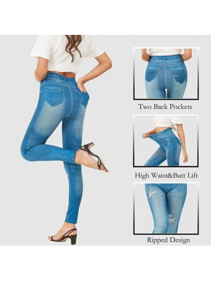Jeggings for Women-High Waisted Denim Jean Leggings with Pockets Soft Stretch Tummy Control Pants 