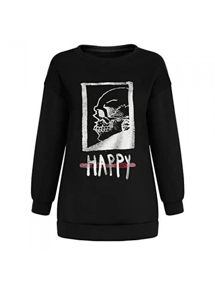 Skeleton Print Oversized Sweatshirts Casual Crewneck Distressed Vintage Fit Pullover Loose Cozy Long Sleeve Tunic Tops 