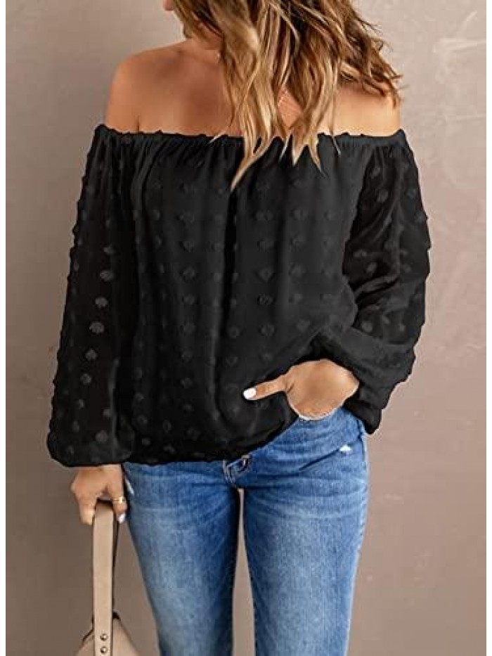 Women's Off The Shoulder Chiffon Blouses Summer Long Sleeves Pom Pom Tops Shirts 