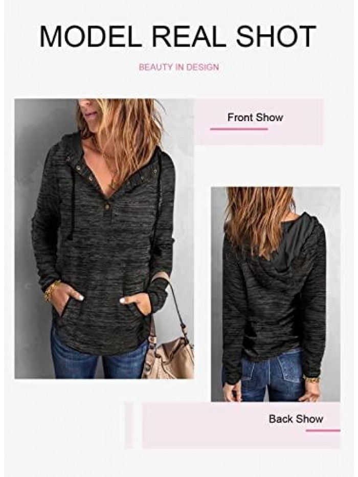 Womens Button Collar Drawstring Stitching Sweatshirts Hoodies Pullover 