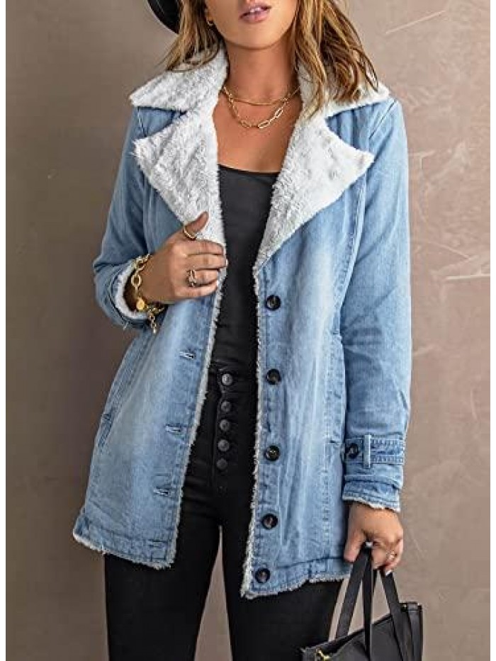 Women Denim Faux Fur Long Sleeve Lapel Collar Oversized Coat Outwear 