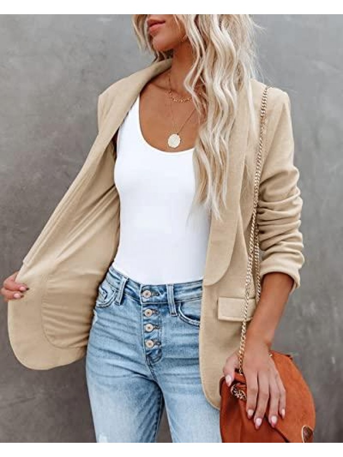 Casual Open Front Blazer Long Sleeve Work Office Suit Jacket Waffle Knit Lapel Coat Tops with Pocket 