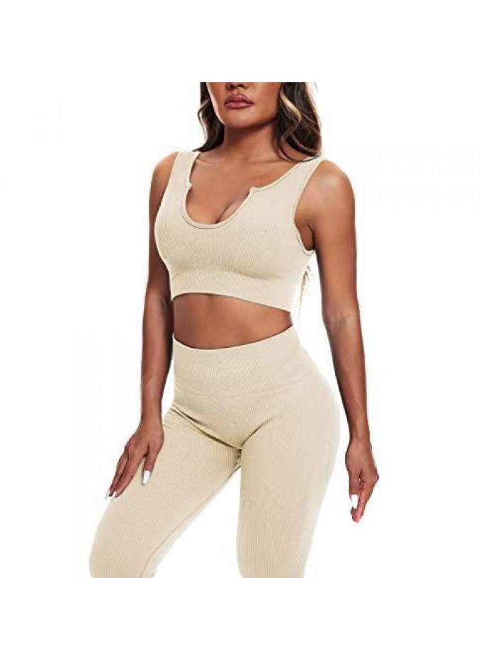 Womens Workout Set 2 Pieces Ribbed Crop Top Seamless High Waist Legging for Women 2 Piece Outfits Sets 