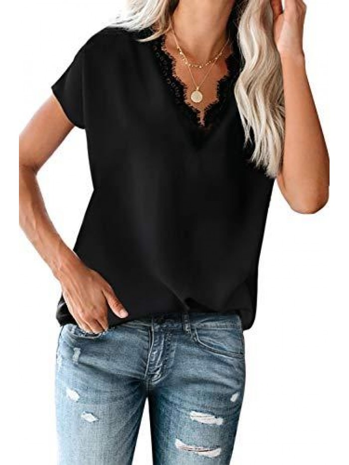 flare Dressy Lace Trim Blouse Tops Popular Short Sleeve Shirt 