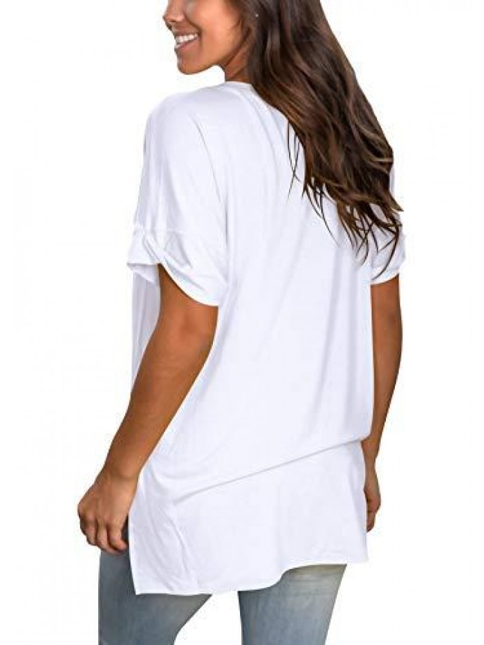 Women's V Neck T Shirt Rolled Sleeve Side Split Tunic Tops Casual 