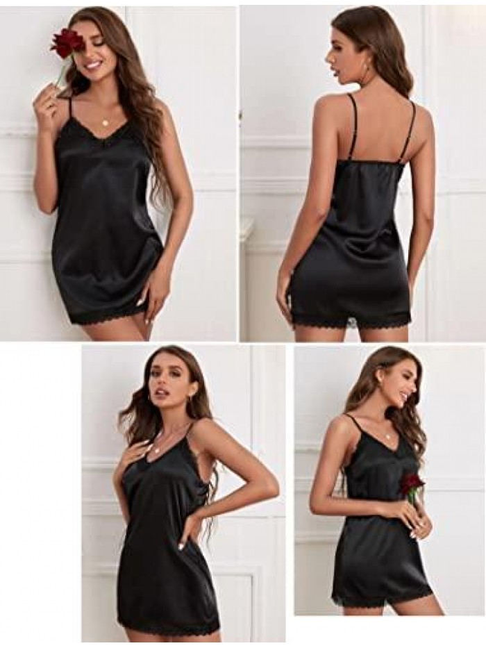 Satin Chemise Sexy Lingerie for Women Halter Dress Lace Nightgown Sleepwear S-XXL 