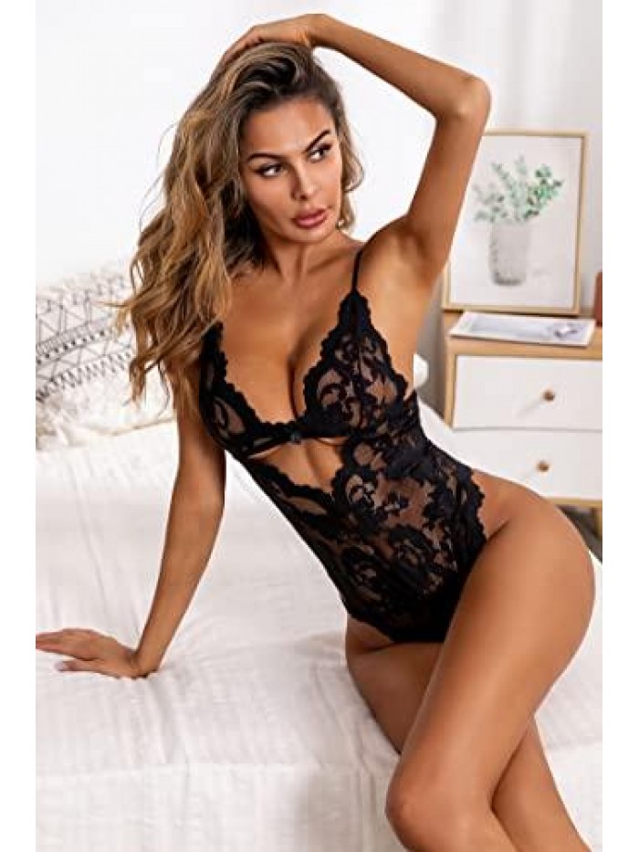 Lace Women Lingerie Sexy Naughty Floral Teddy One Piece See Through Bodysuits Deep V Neck Backless Mini Babydoll 