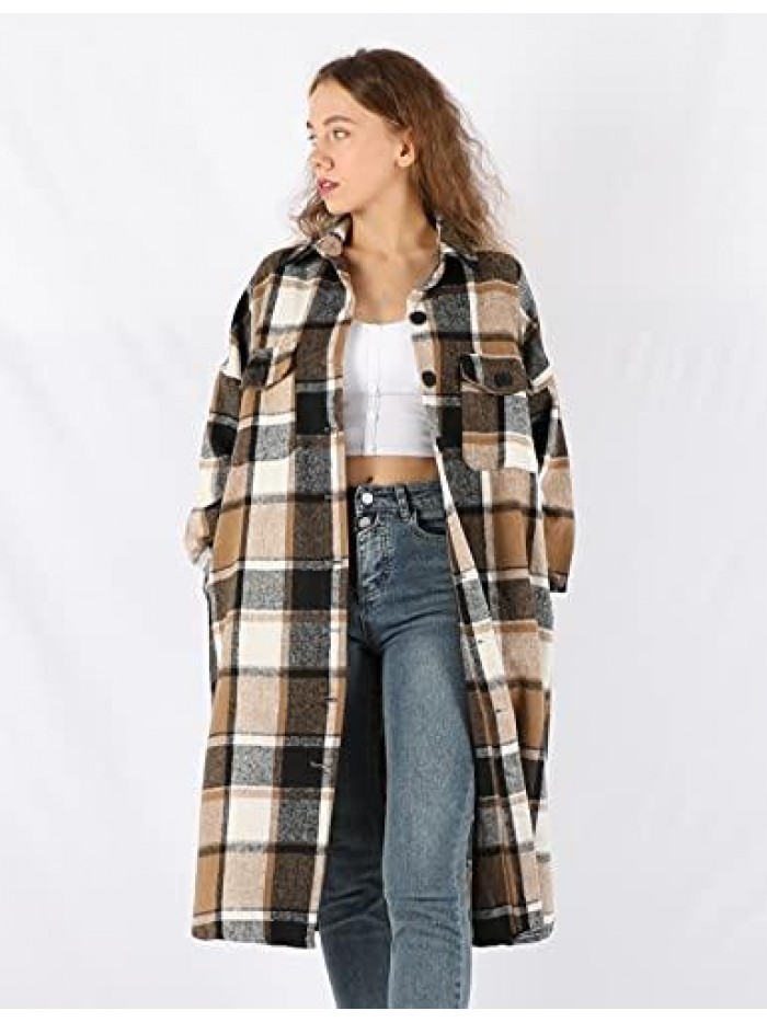 Women's Casual Plaid Lapel Woolen Button Up Pocketed Long Shacket Coat 