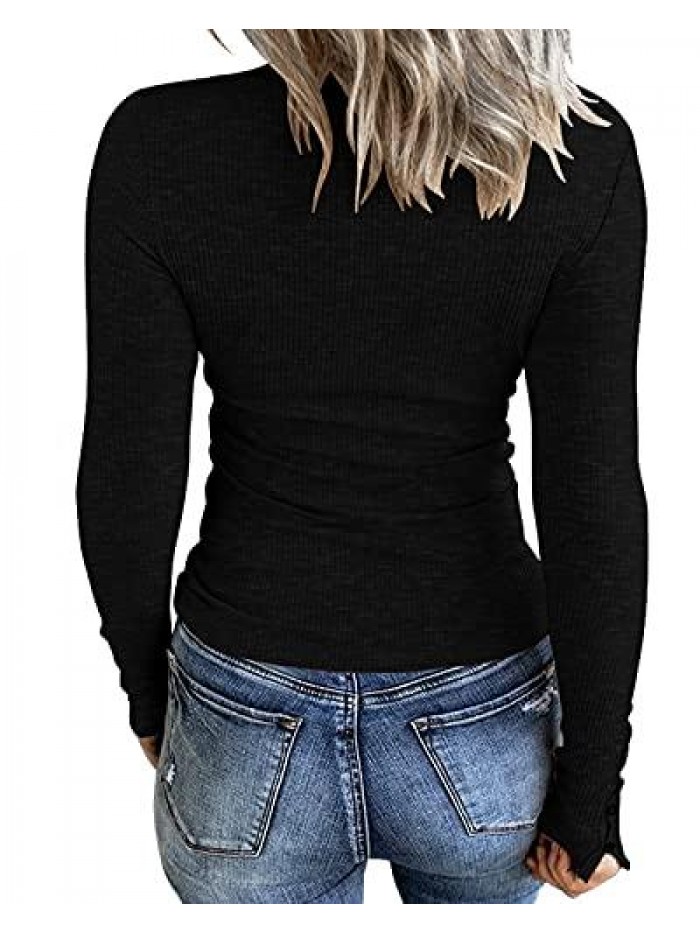 Women’s Long Sleeve Henley T Shirts Button Down Slim Fit Tops Scoop Neck Ribbed Knit Shirts 