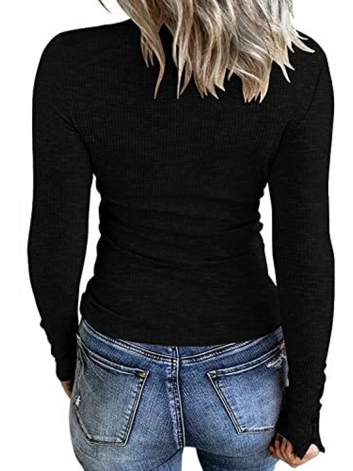 Women Long Sleeve Scoop Neck Ribbed Fitted Knit Shirt Basic T-Shirts 