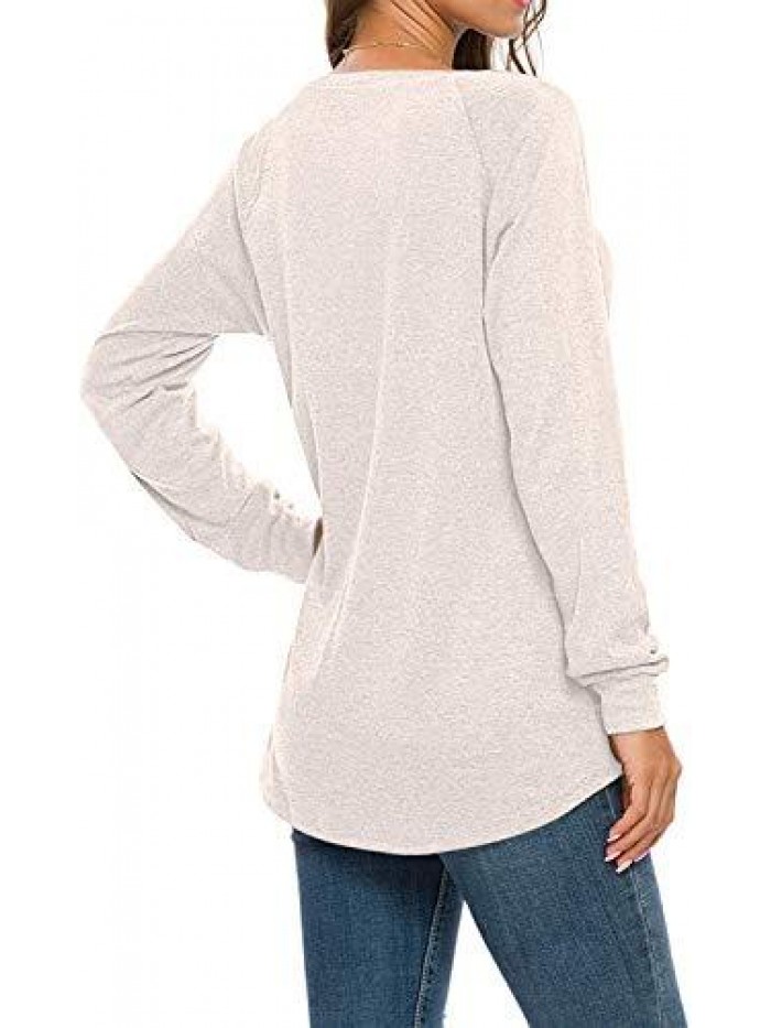 Women's Long Sleeve Round Neck Casual T Shirts Blouses Sweatshirts Tunic Tops with Pocket 