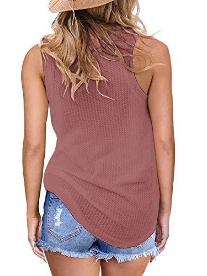 Womens Casual Tops Sleeveless Cute Twist Knot Waffle Knit Shirts Tank Tops 