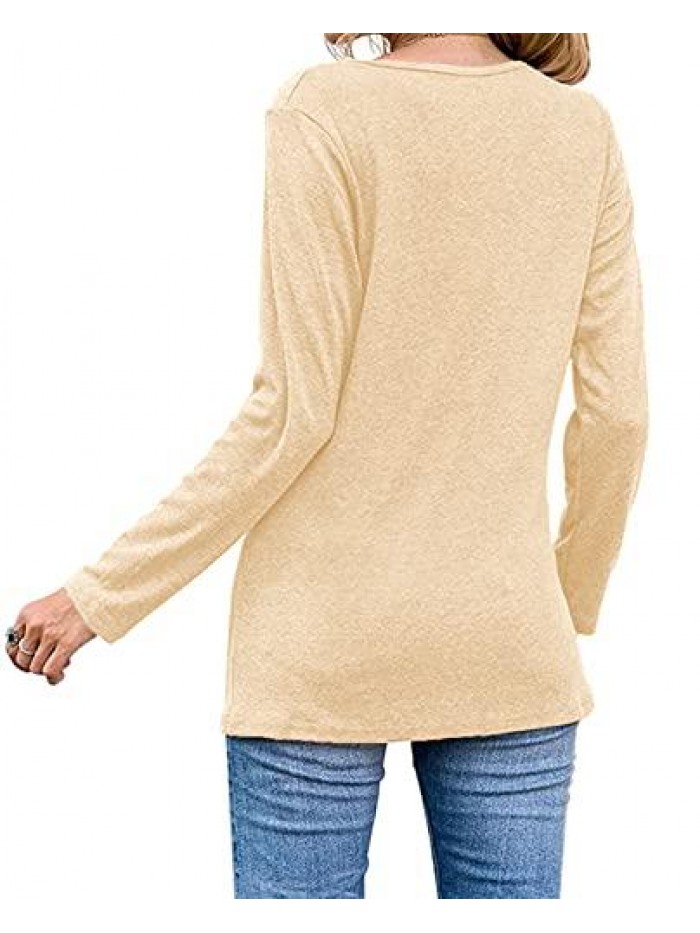Casual Long Sleeve Blouses Tunic Crew Neck Button Side T Shirts Tops 
