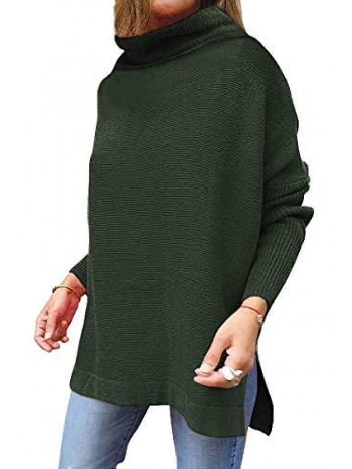 Women's Turtleneck Casual Tops Long Batwing Sleeve Spilt Hem Ribbed Knit Pullover Sweaters 