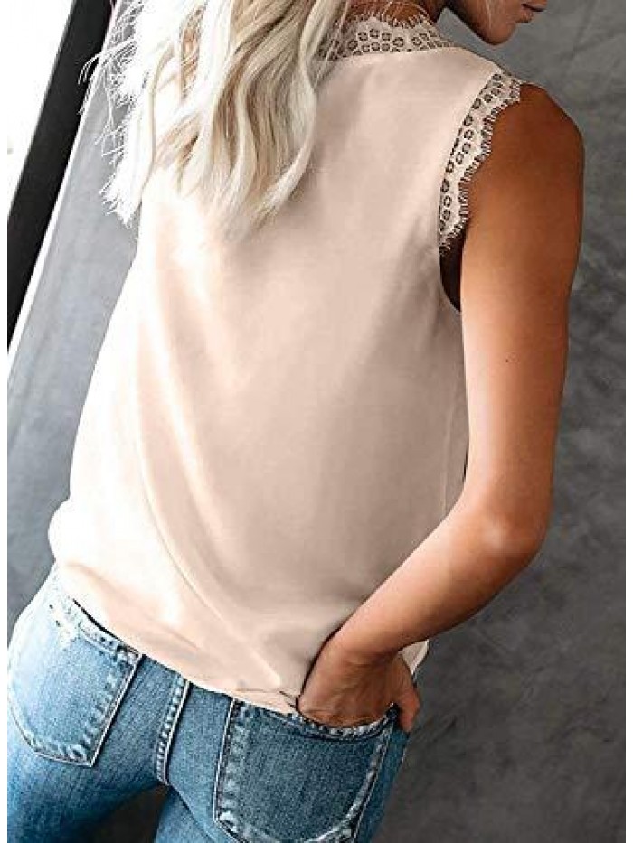 Women's V Neck Lace Trim Casual Tank Tops Sleeveless Blouses Shirts 