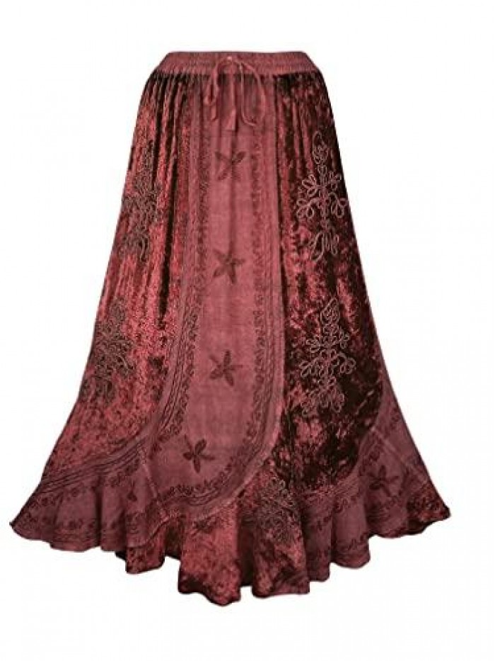 Traders Women's Bohemian Gothic Embroidered Velvet Flared Scalloped Hem Elastic Waistband Drawstring Long Maxi Skirt 