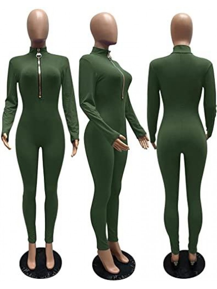Hafailia Jumpsuits for Women Sexy Bodycon Long Sleeve V Neck Rich Hold Zipper One Piece Outfits