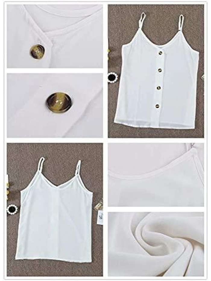 Women's Button Down V Neck Strappy Tank Tops Loose Casual Sleeveless Shirts Blouses 