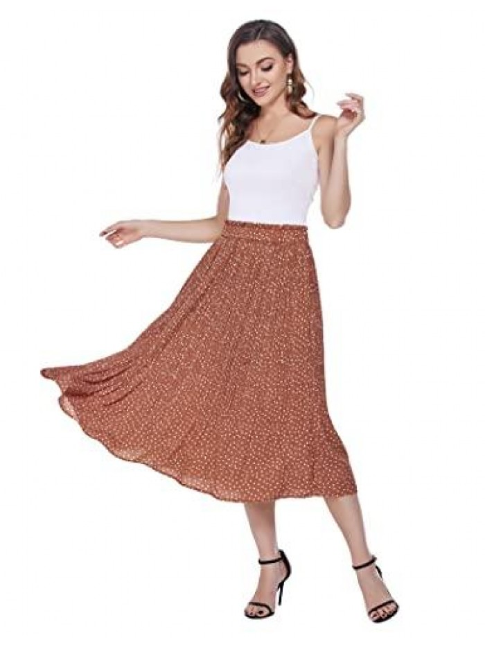 Women's Midi Skirts Elastic High Waist Skirt Polka Dot Casual Pleated Skirt with Pockets 