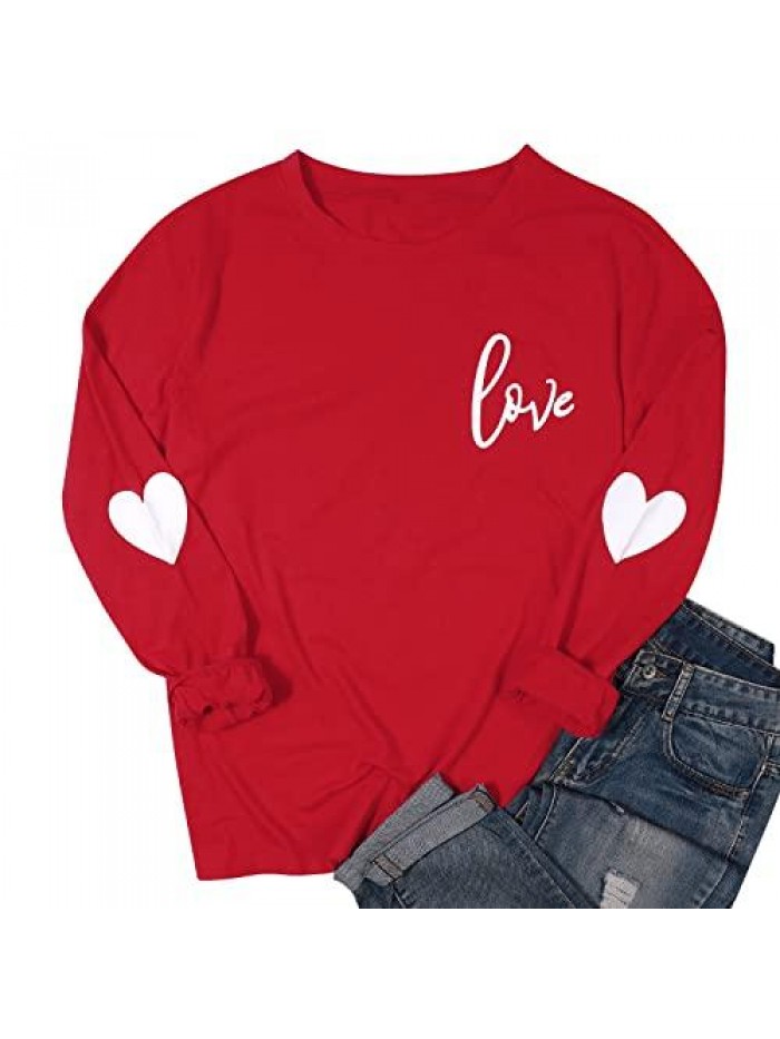 Letter Print T Shirt Women Funny Valentine's Day Tee Shirt Love Heart Graphic Long Sleeve Tops 