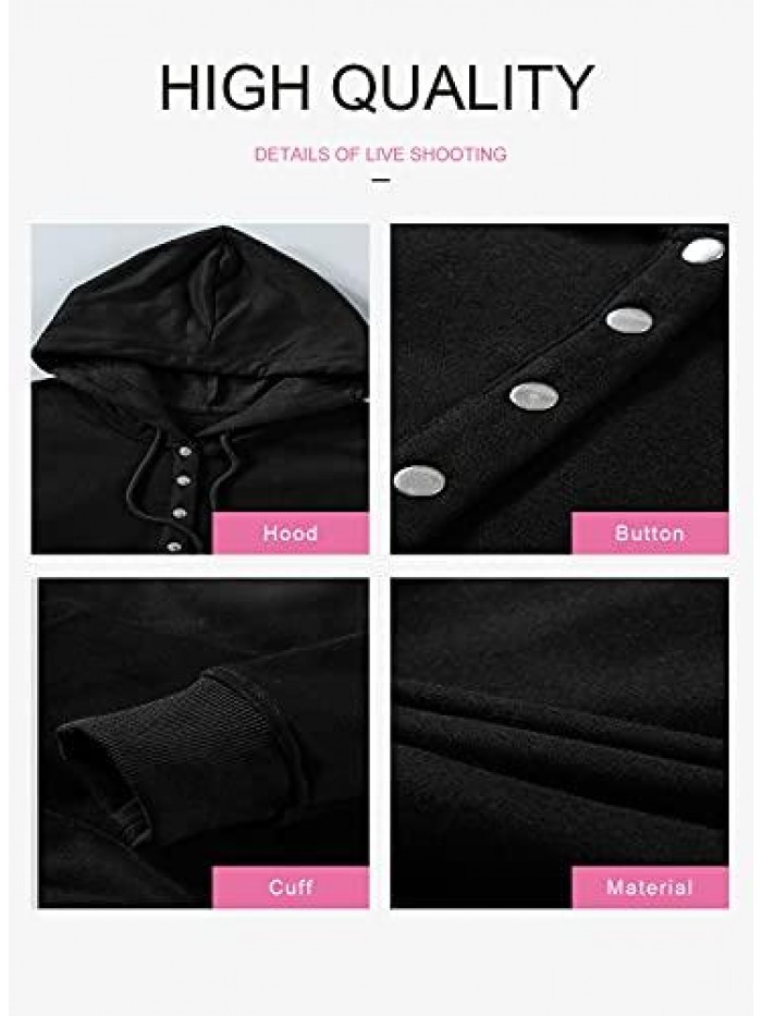 Womens Casual Button Collar Drawstring Long Sleeve Hoodies Pullover Sweatshirts Hooded Tops 