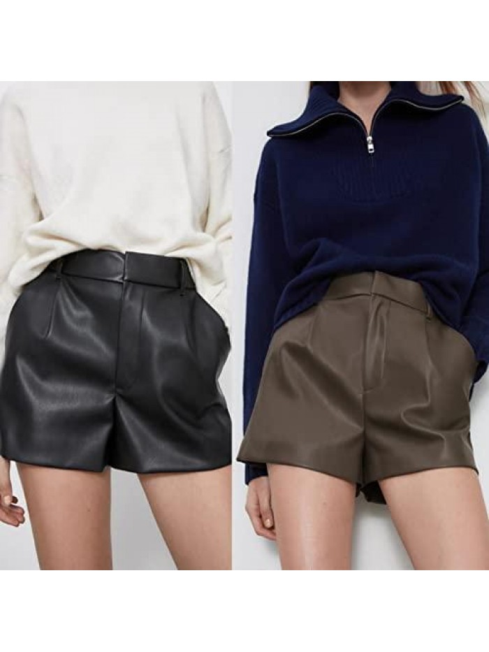 Autumn and Winter Fashion Women's Shorts Retro Pu Leather Shorts High Waist Shorts Women Office Shorts 