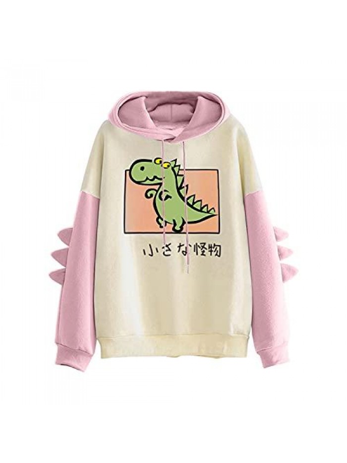Dinosaur Hoodies Splice Tops Cartoon Cute Dinosaur Hoodie Hooded Long Sleeve Teens Girls Dinosaur Sweatshirts 