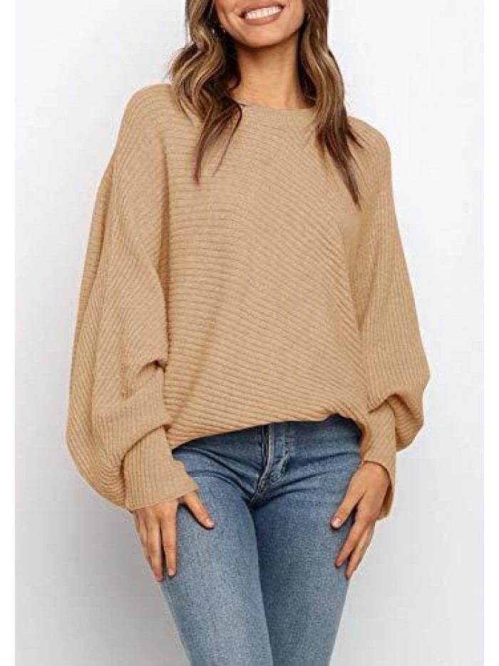 Women's Oversized Crewneck Sweater Batwing Puff Long Sleeve Cable Slouchy Pullover Jumper Tops 