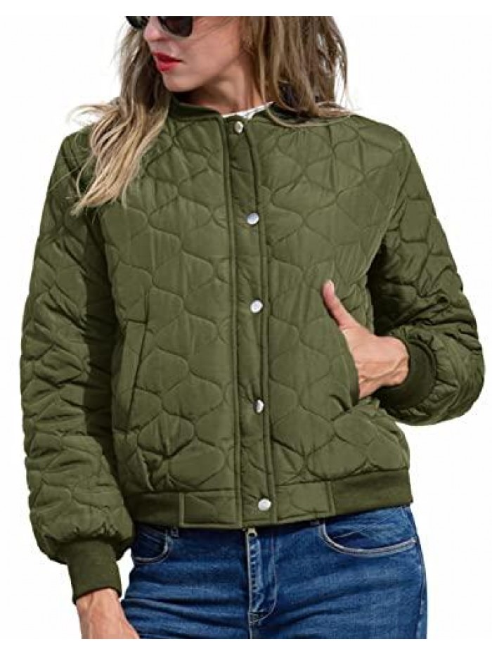 Quilted Jackets Lightweight Long Sleeve Zip Up Bomber Jacket with Pockets Stand Collar Winter Outwear 