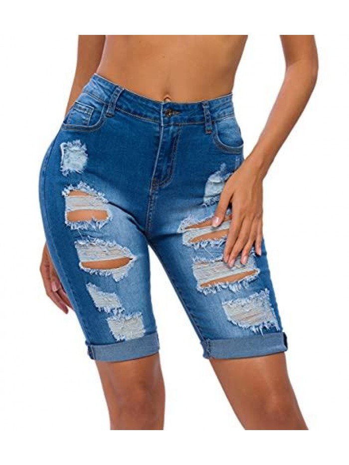 Womens High Waist Ripped Hole Washed Distressed Short Jeans 