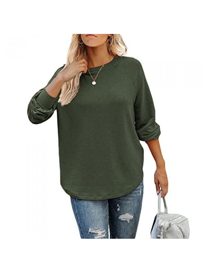 Womens Long Sleeve Tops Casual Loose Crew Neck Sweatshirt Cotton Tunic Shirts Curved Hem Blouses Pullover 