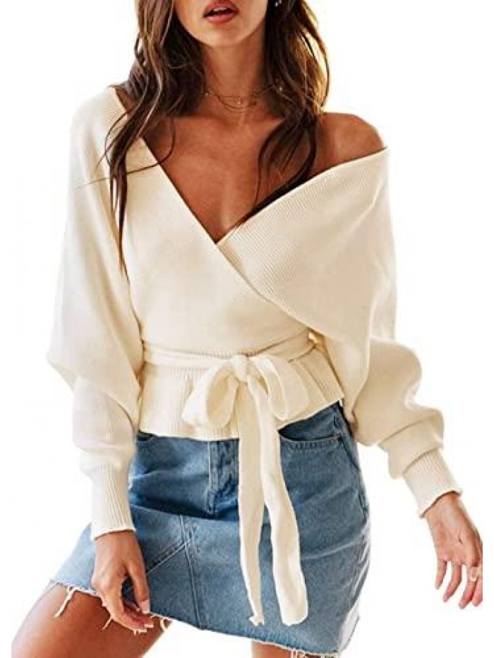 Women's Long Batwing Sleeve Wrap V Neck Belted Waist Ruffle Knitted Pullover Sweater Tops 