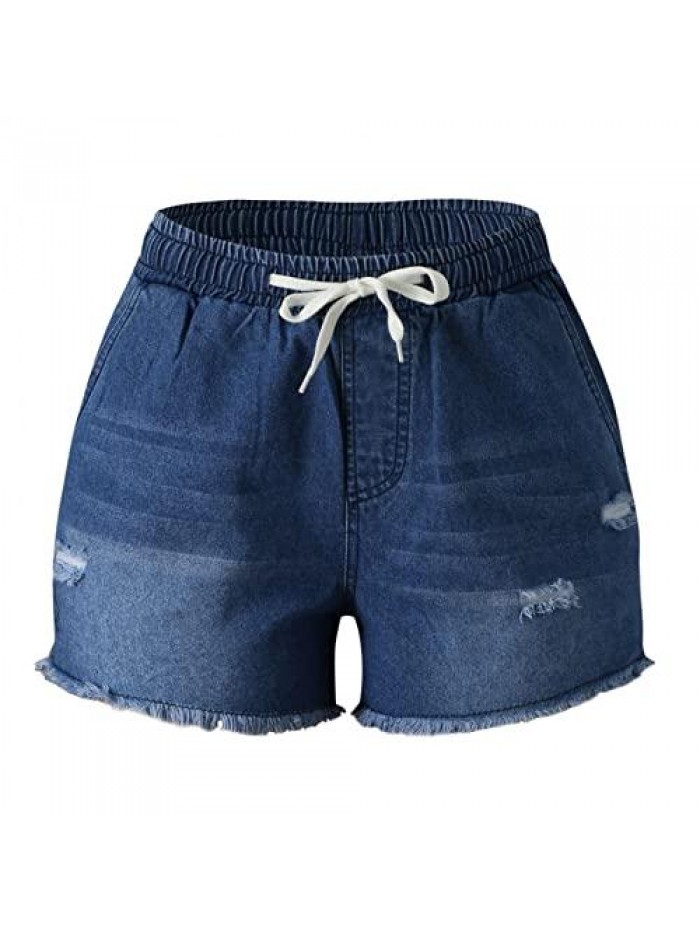 Women's Casual Elastic Waist Comfy Cotton Beach Shorts with Drawstring High Waisted Ripped Denim Jeans Shorts 