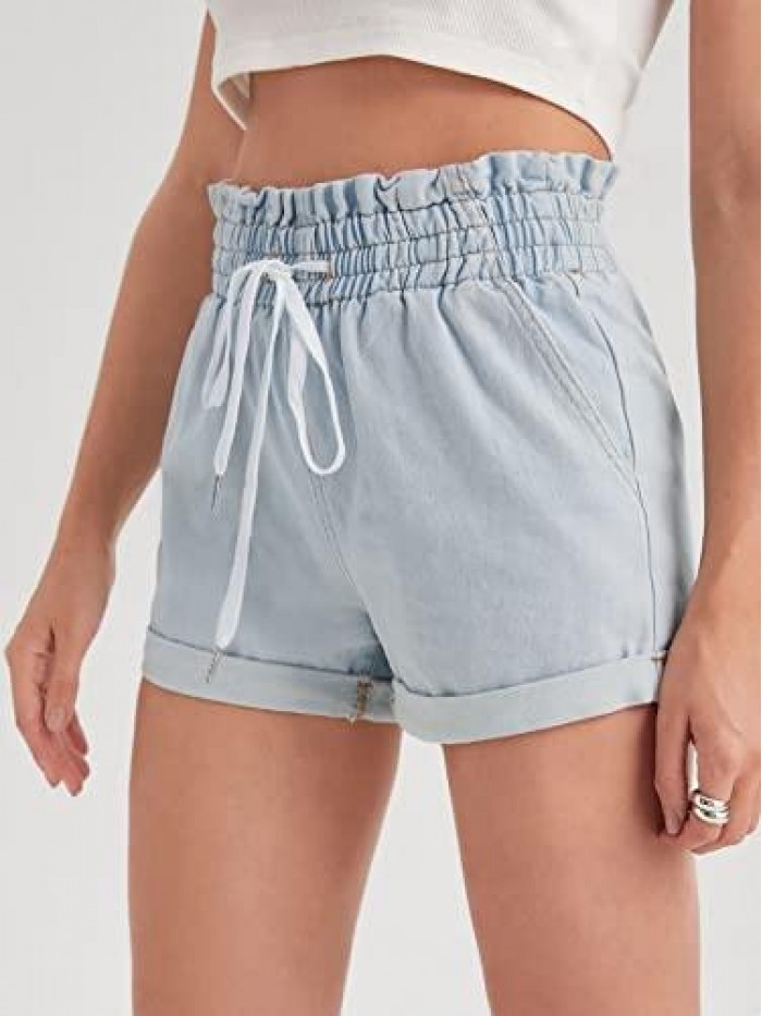 Women's Elastic High Waisted Denim Shorts Rolled Hem Jean Shorts with Pockets 