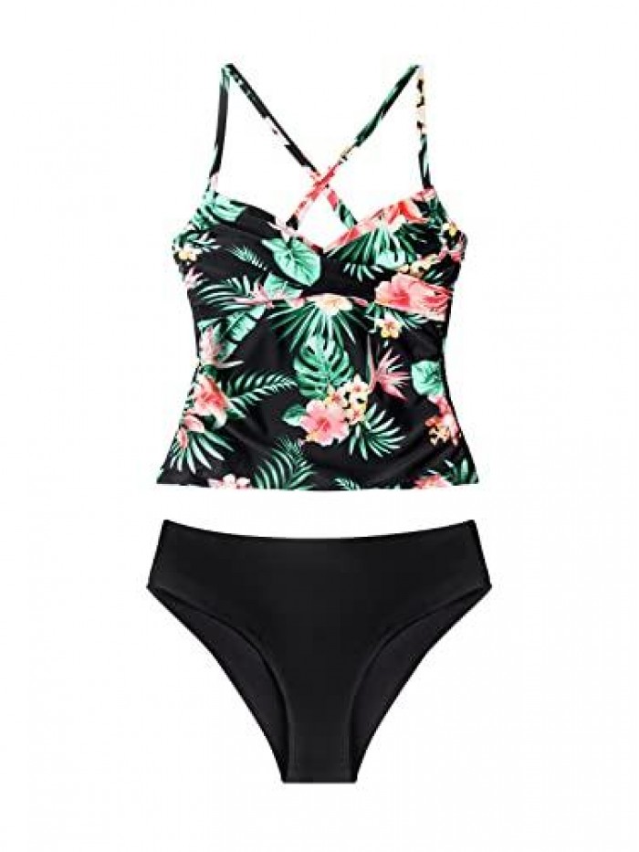 Women Wrapped Tankini Swimsuit Crisscross Back Ruched Tropical Bathing Suit with Adjustable Spaghetti Straps 