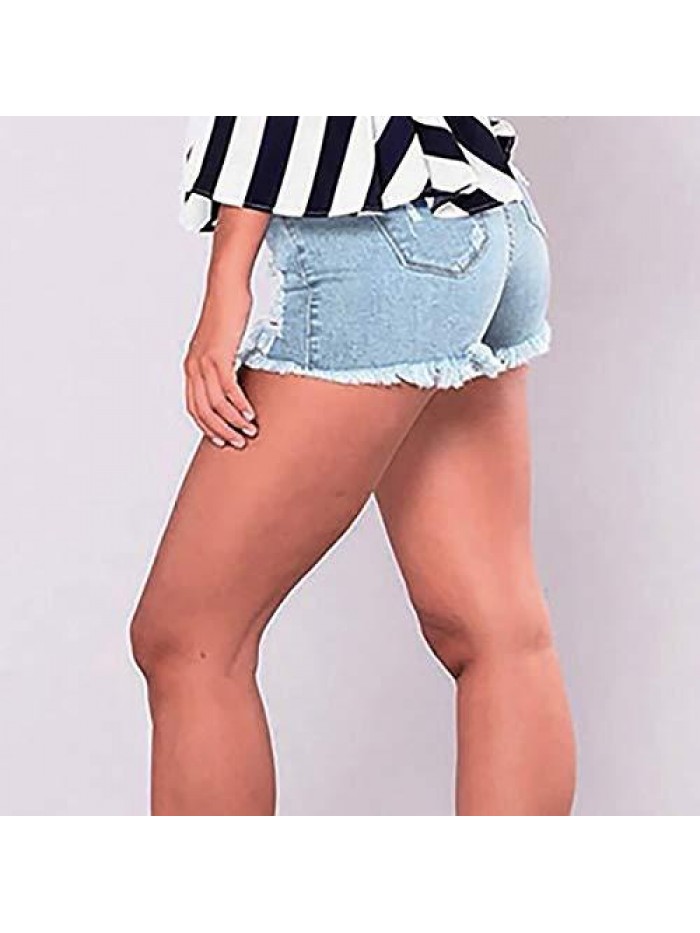 Women's Ripped Denim Jean Shorts High Waisted Stretchy Distressed Short Jeans Button Fly Raw Hem Denim Shorts 
