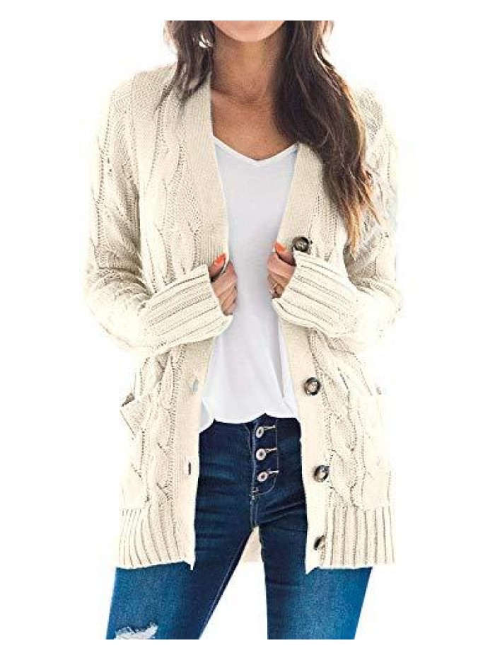 Womens Cable Knit Button Down Cardigan Sweaters Open Front Long Sleeve Knitwear Coat with Pockets  