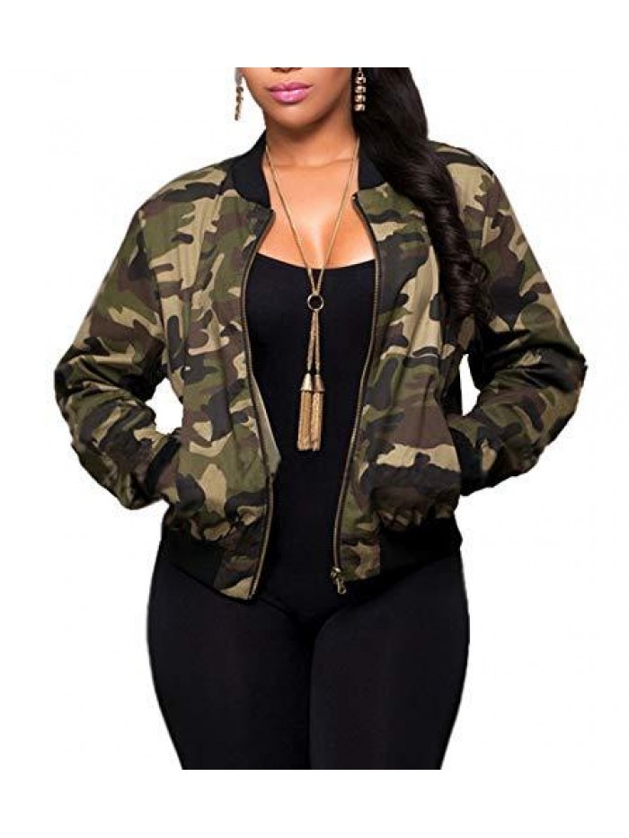 Women Camouflage Paint Lightweight Jackets Long Sleeve Zipper Canvas Camo with Pockets 