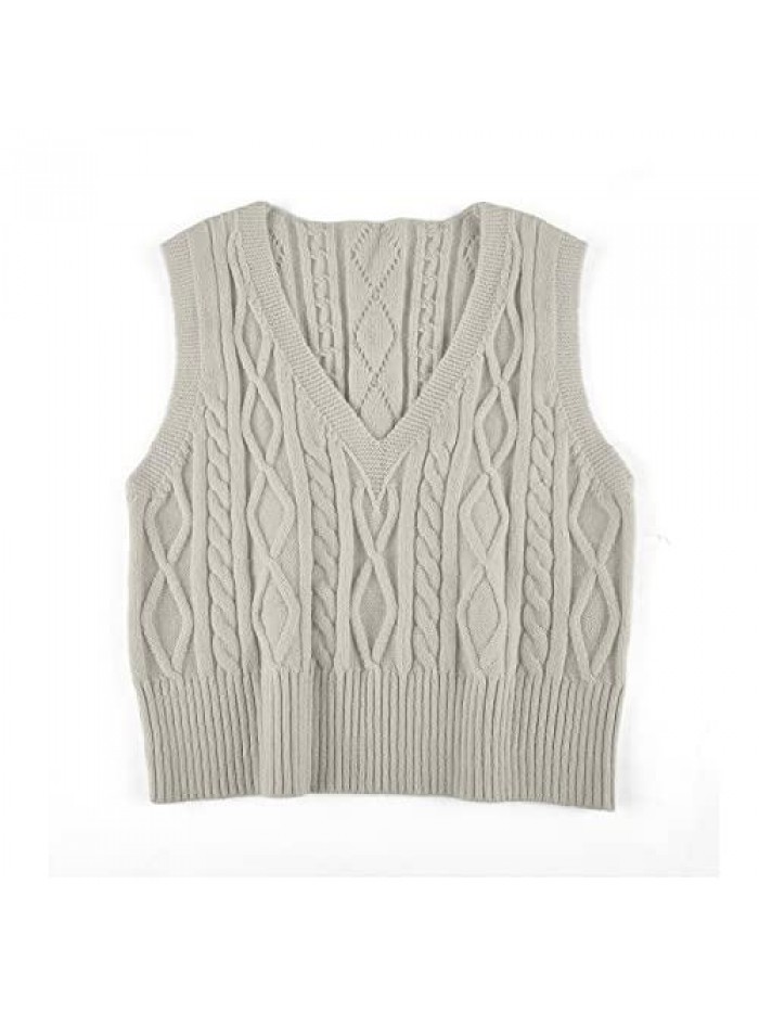 Aoysky Women's V-Neck Pullover Cable Knit Vest Solid Color Sleeveless Loose Fit Sweater Top