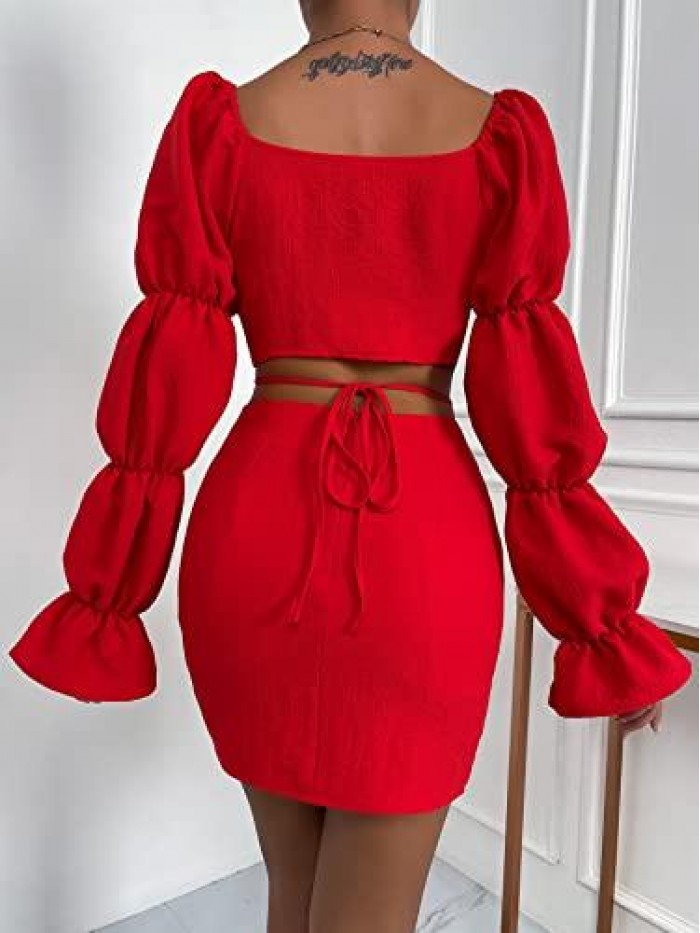 Women's 2 Piece Outfits Cut Out Tie Back Puff Long Sleeve Sweetheart Neck Crop Top and High Waist Mini Bodycon Skirt 